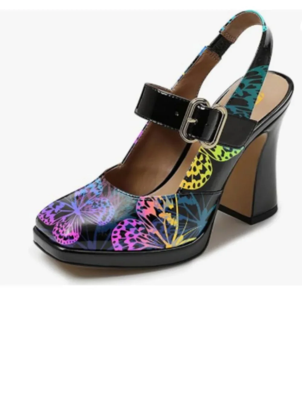 FYS Black Butterfly Platform Square Toe Pumps Chunky High Heel Mary Janes Shoes